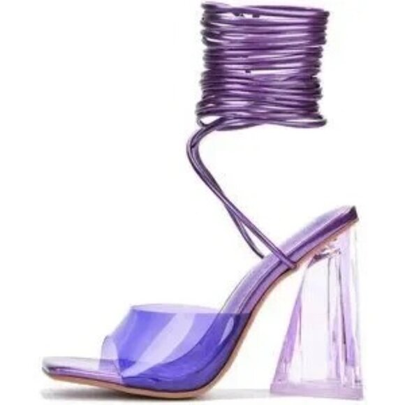 Women's Lace-Up Heels clear open toe wrap tie block dancer club sexy 6.5 - Picture 6 of 6